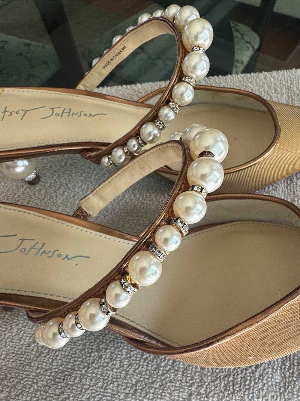 Betsey Johnson Gold Pearl-Embellished Pointed Mules - Picture 3 of 6